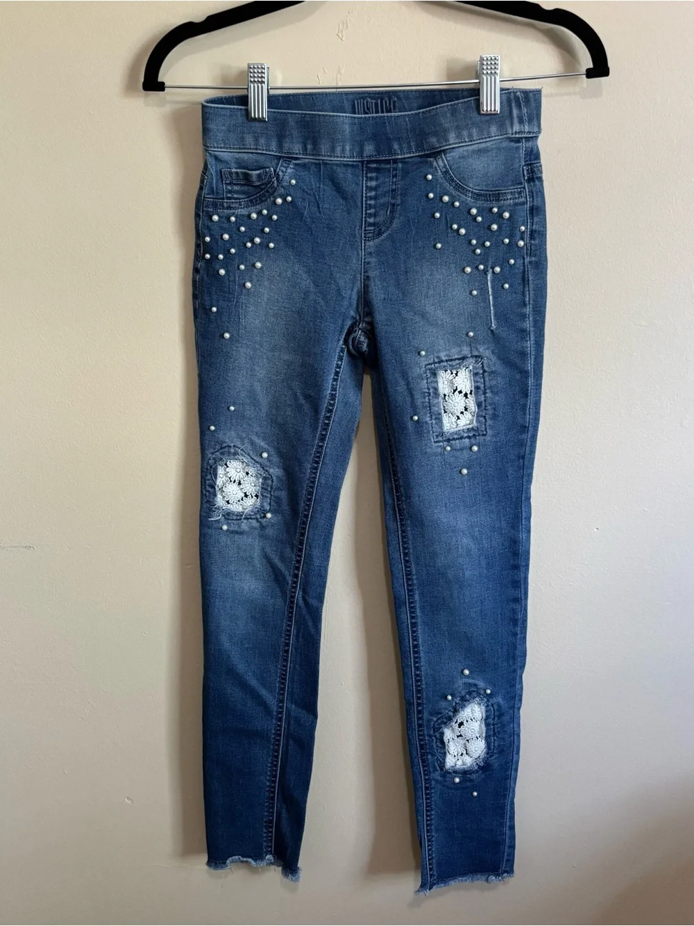 Justice Girls Size 10 Distressed Skinny Jeans Pearl Crochet Mid Rise
